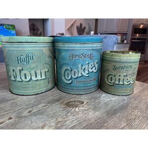 SET of 3 VINTAGE 1977 'Ballonoff' Tin Nesting Canisters - Flour, Cookies, Coffee